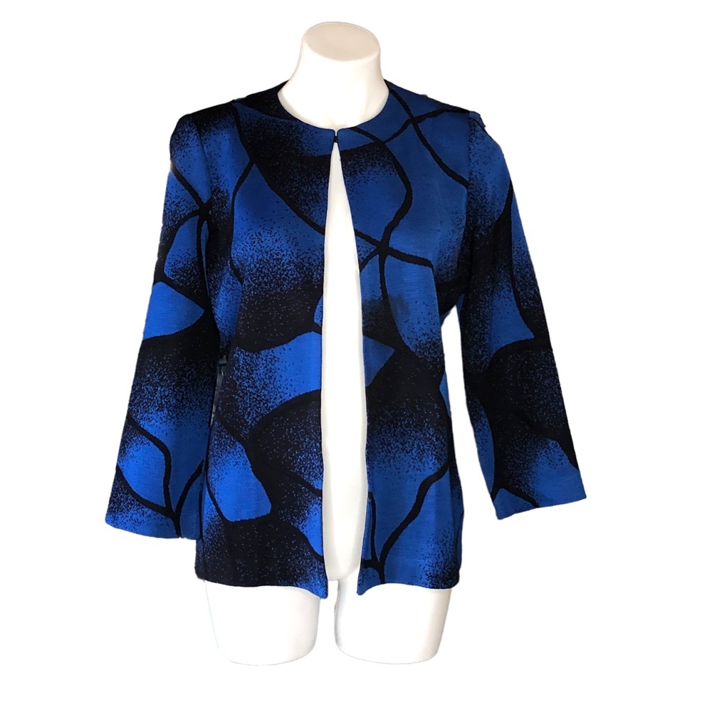 Misook Black and Royal Blue Print Open Front Jacket 3/4 Sleeves